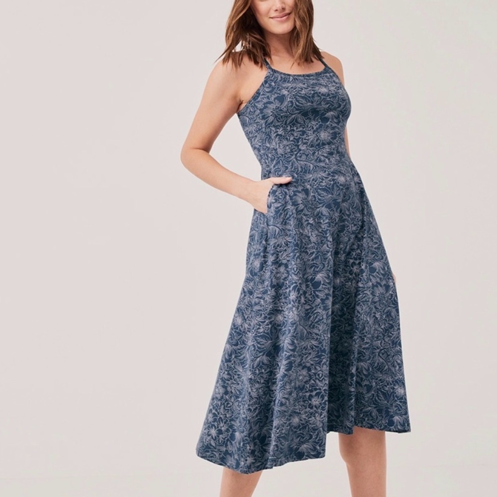 Pact Organic Cotton Blue Floral Halter Midi Dress XL Excellent condition